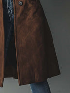 Women's long patchwork trench coat with notched collar and button front