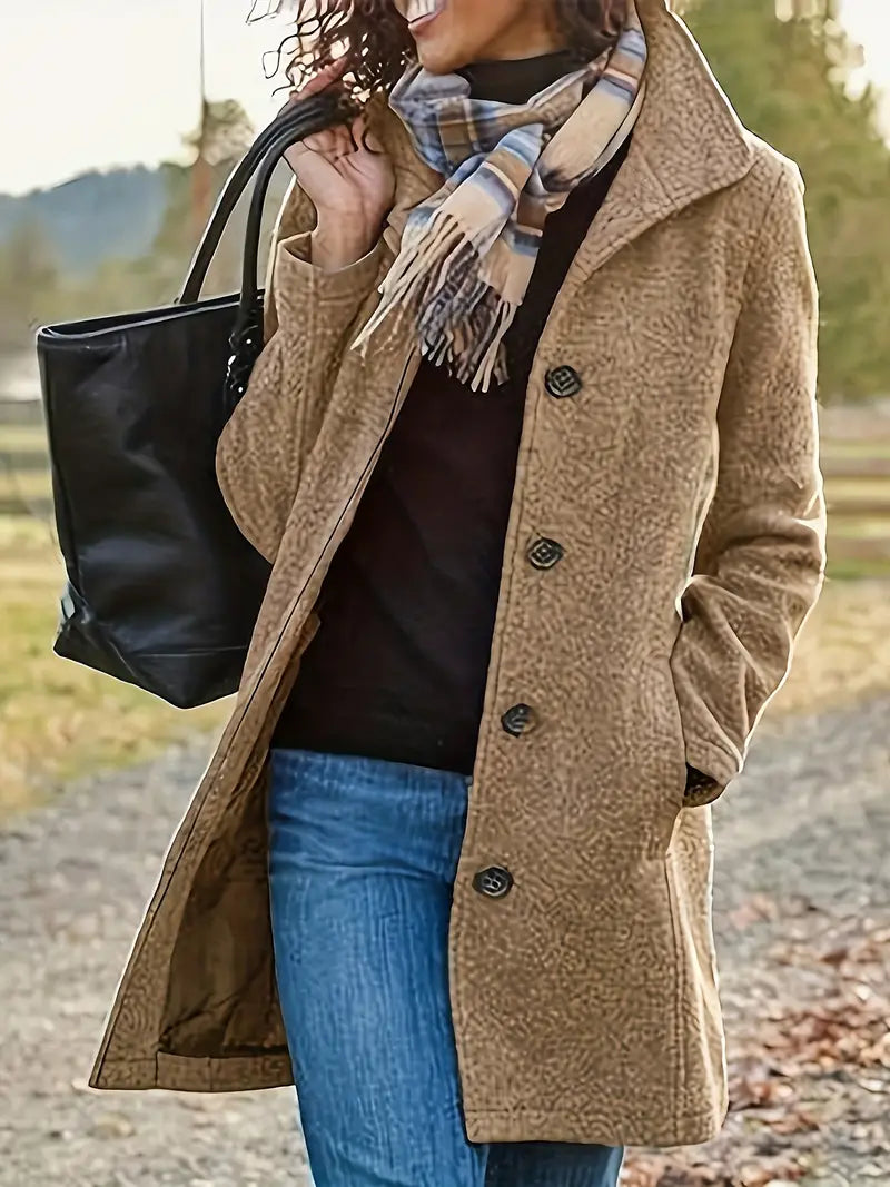 Women's textured mid-length coat with lapel collar and button front
