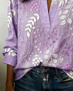 Women's botanical print blouse with mandarin collar and 3/4 sleeves