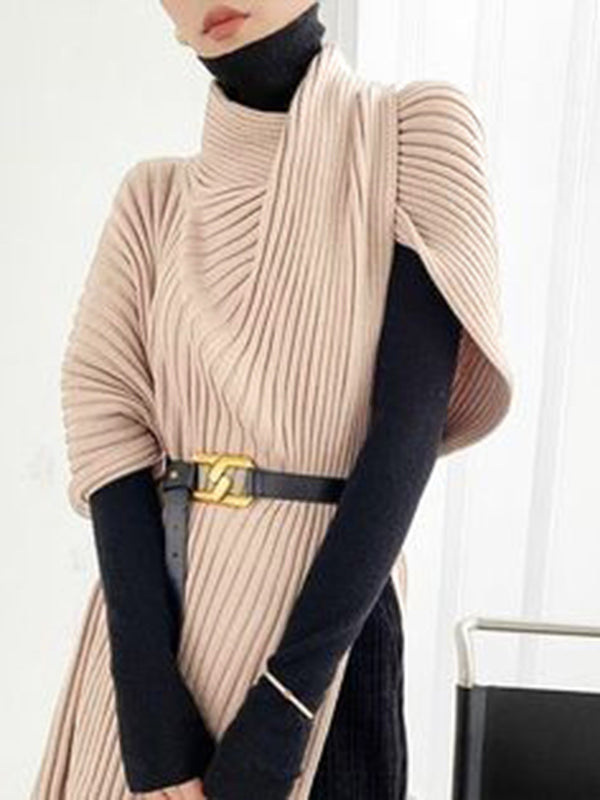 Women's ribbed high neck sweater with an asymmetric split front