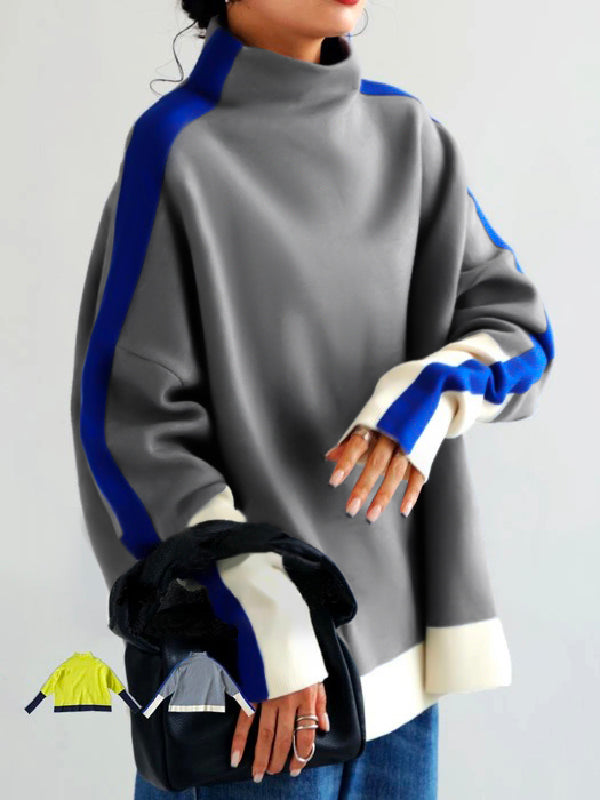 Women's colour-block high neck sweatshirt with long sleeves and contrast panels