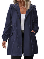 Women's longline hooded raincoat with zip front and drawstring waist