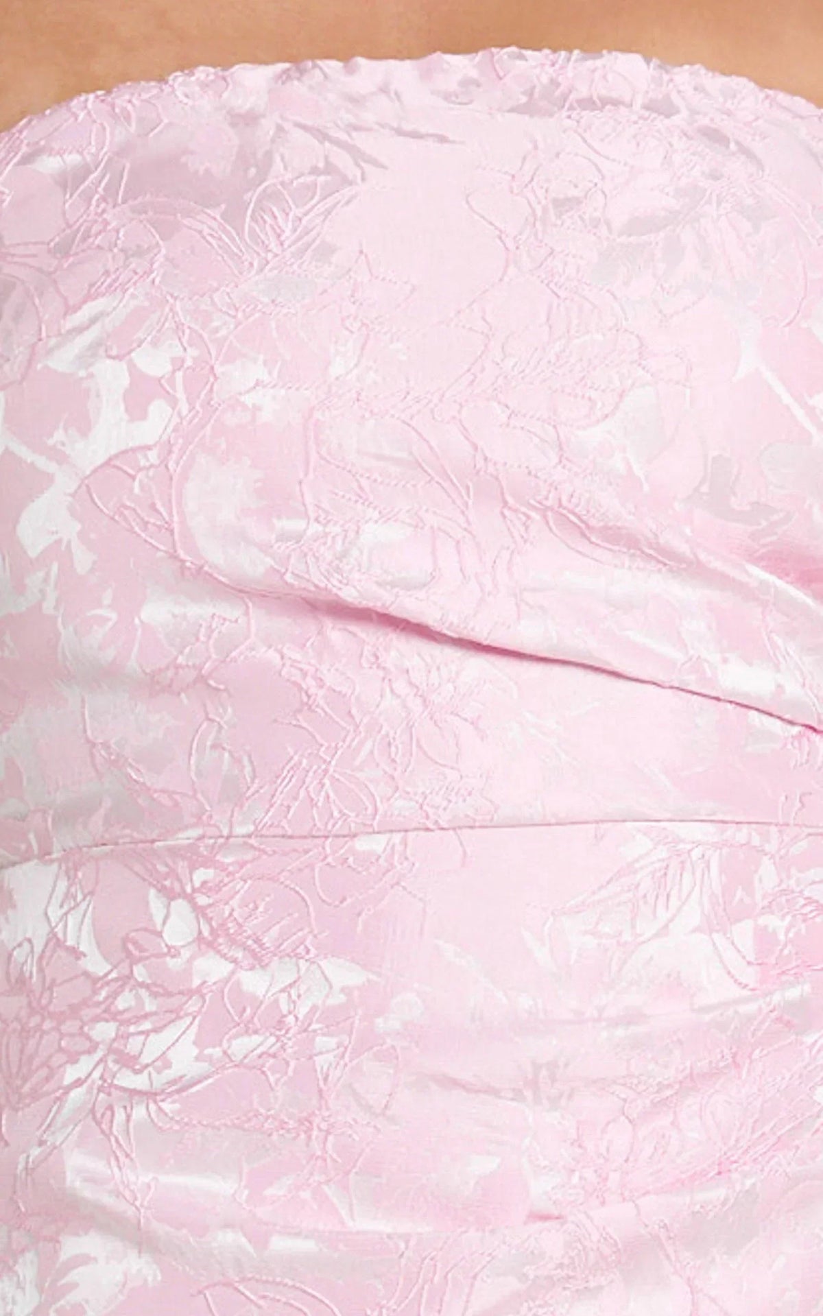 Women's pink strapless jacquard mini dress with layered side ruffles