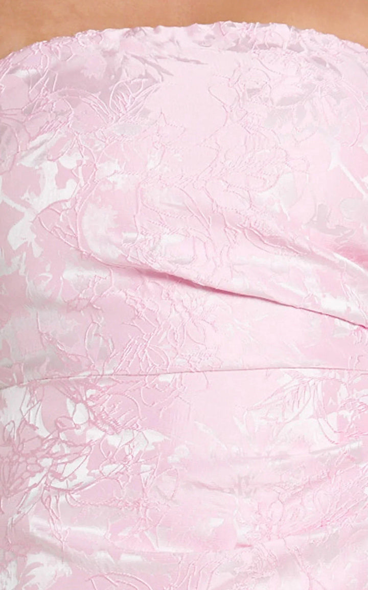 Women's pink strapless jacquard mini dress with layered side ruffles