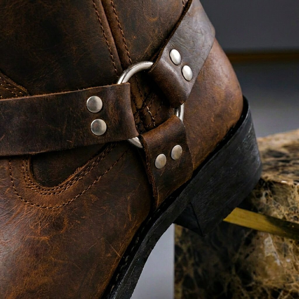 Tall men's biker boot with ankle straps, metal studs and low heel