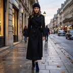 Women's long double-breasted coat with lapel collar, belt and side pockets