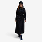 Women's long double-breasted coat with lapel collar, belt and side pockets