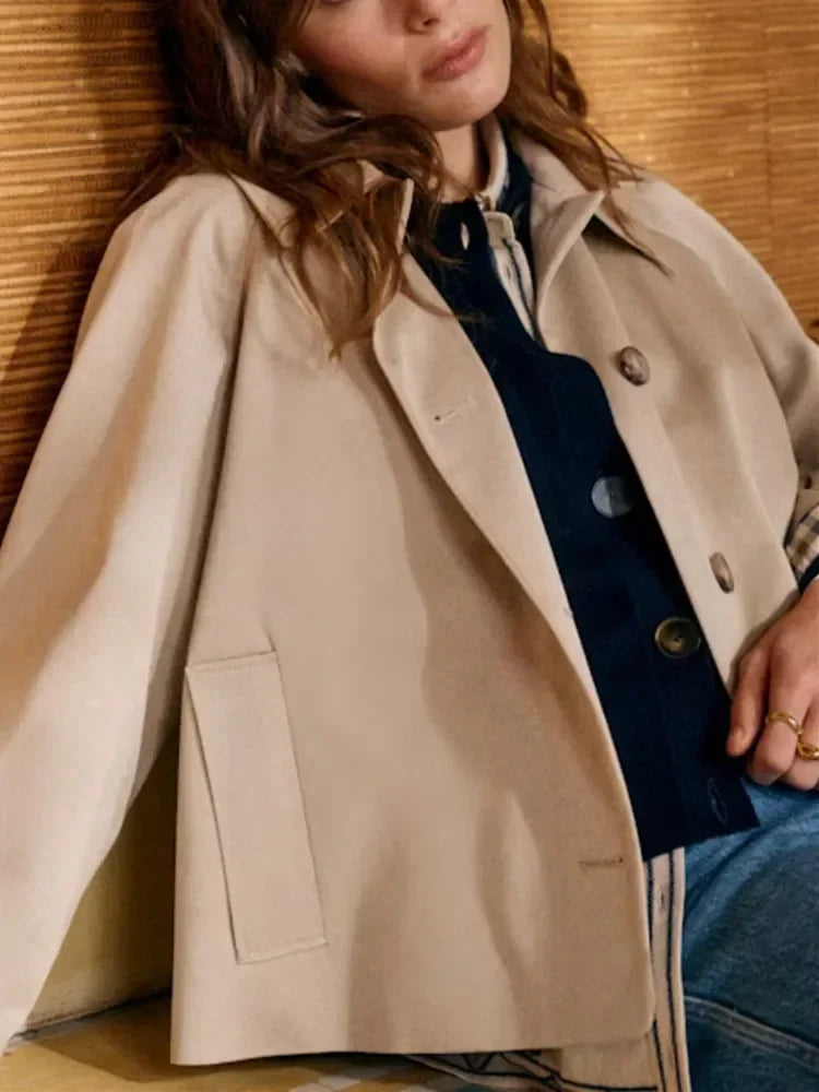 Women's beige cropped trench jacket with checked cuffs