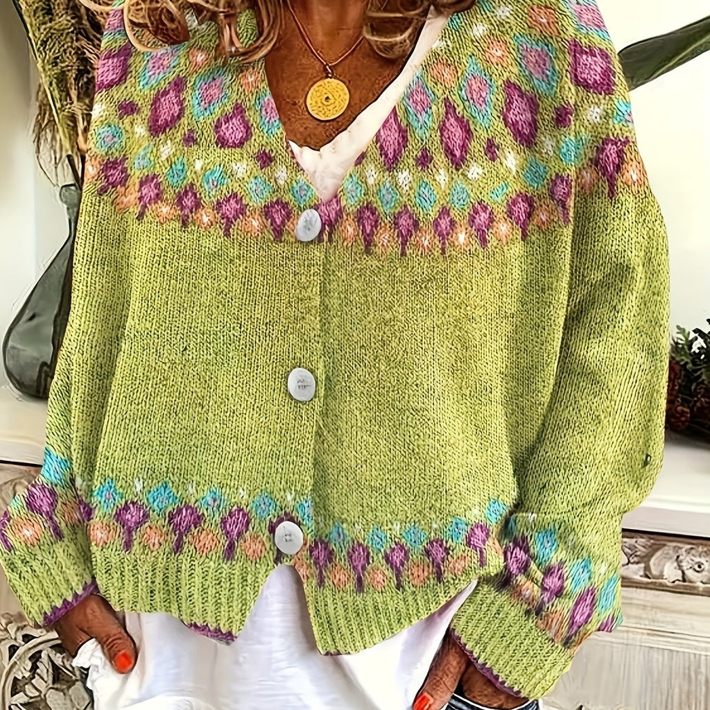 Women's multicoloured knitted cardigan with floral pattern bands and button front