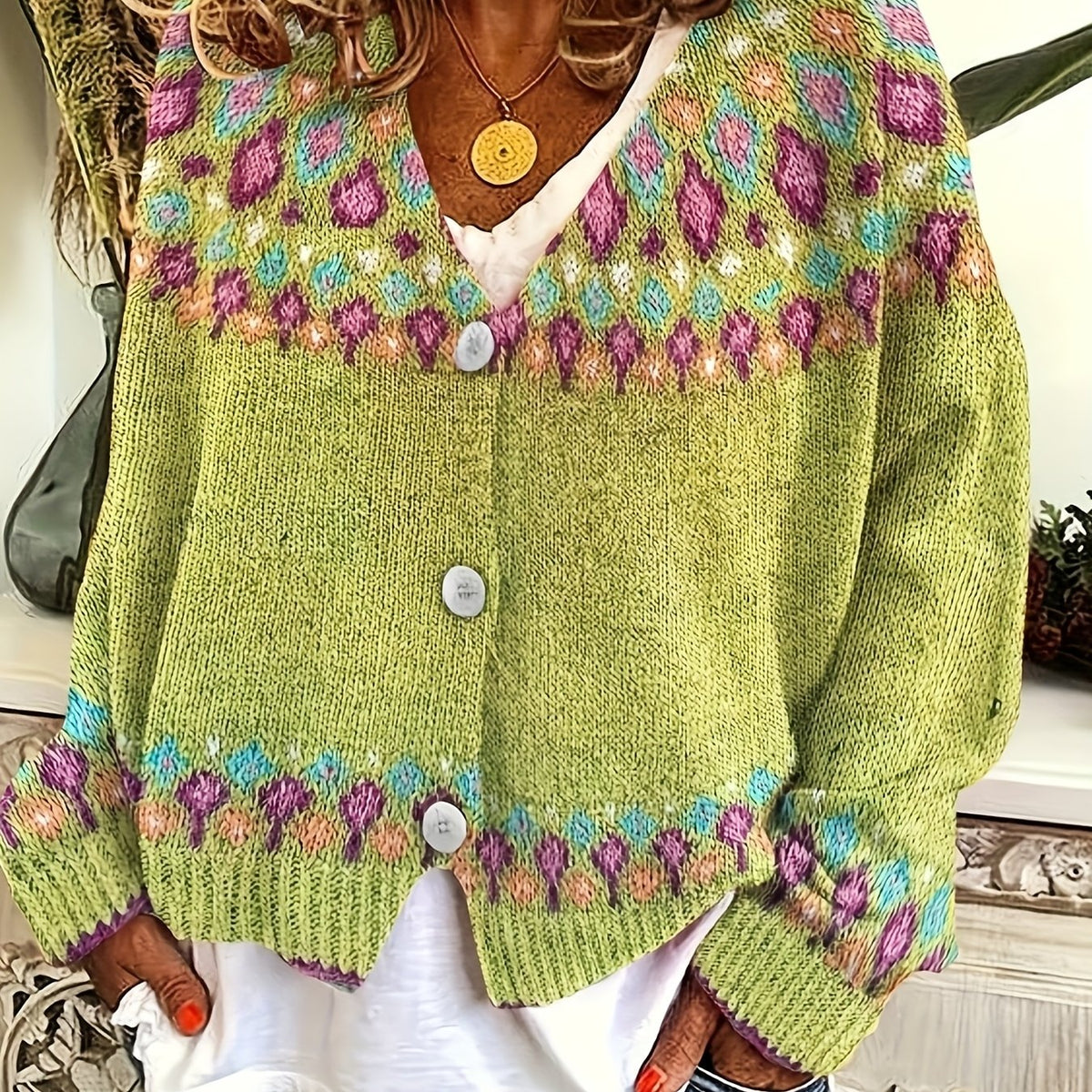 Women's multicoloured knitted cardigan with floral pattern bands and button front