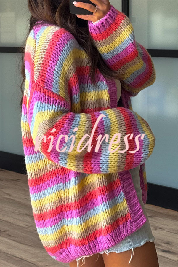 Women's multicoloured striped knit cardigan with open front and balloon sleeves