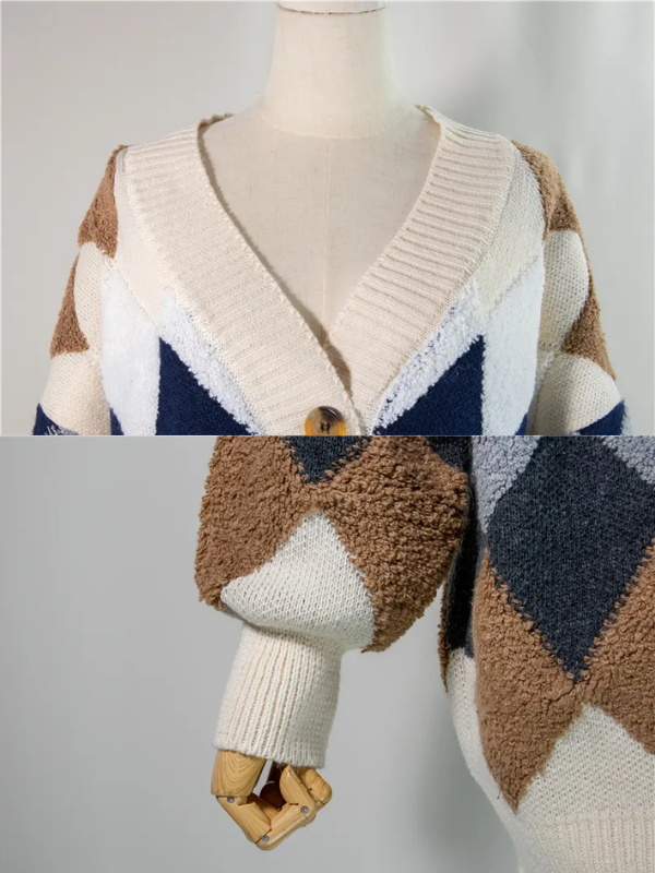 Women's geometric knit cardigan with buttons and long sleeves