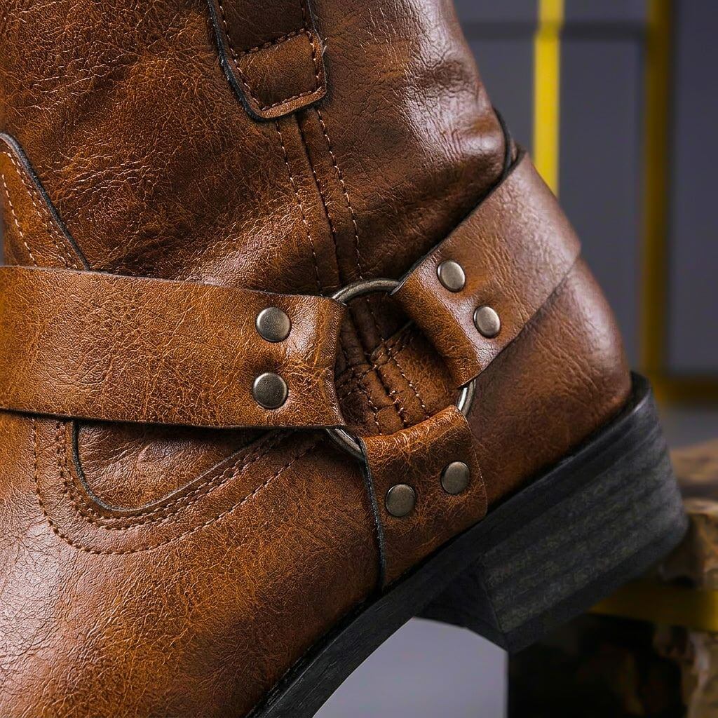 Men's ankle boots with buckled straps, stud details and low heels