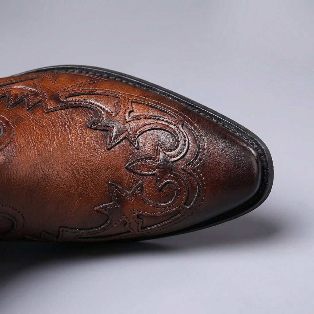 Western ankle boots with pointed toes and stitched panels