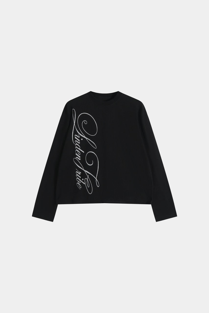 Black men's waffle sweatshirt with vertical script graphic