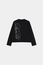 Black men's waffle sweatshirt with vertical script graphic