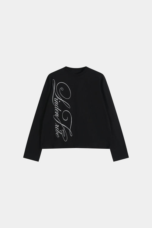 Black men's waffle sweatshirt with vertical script graphic