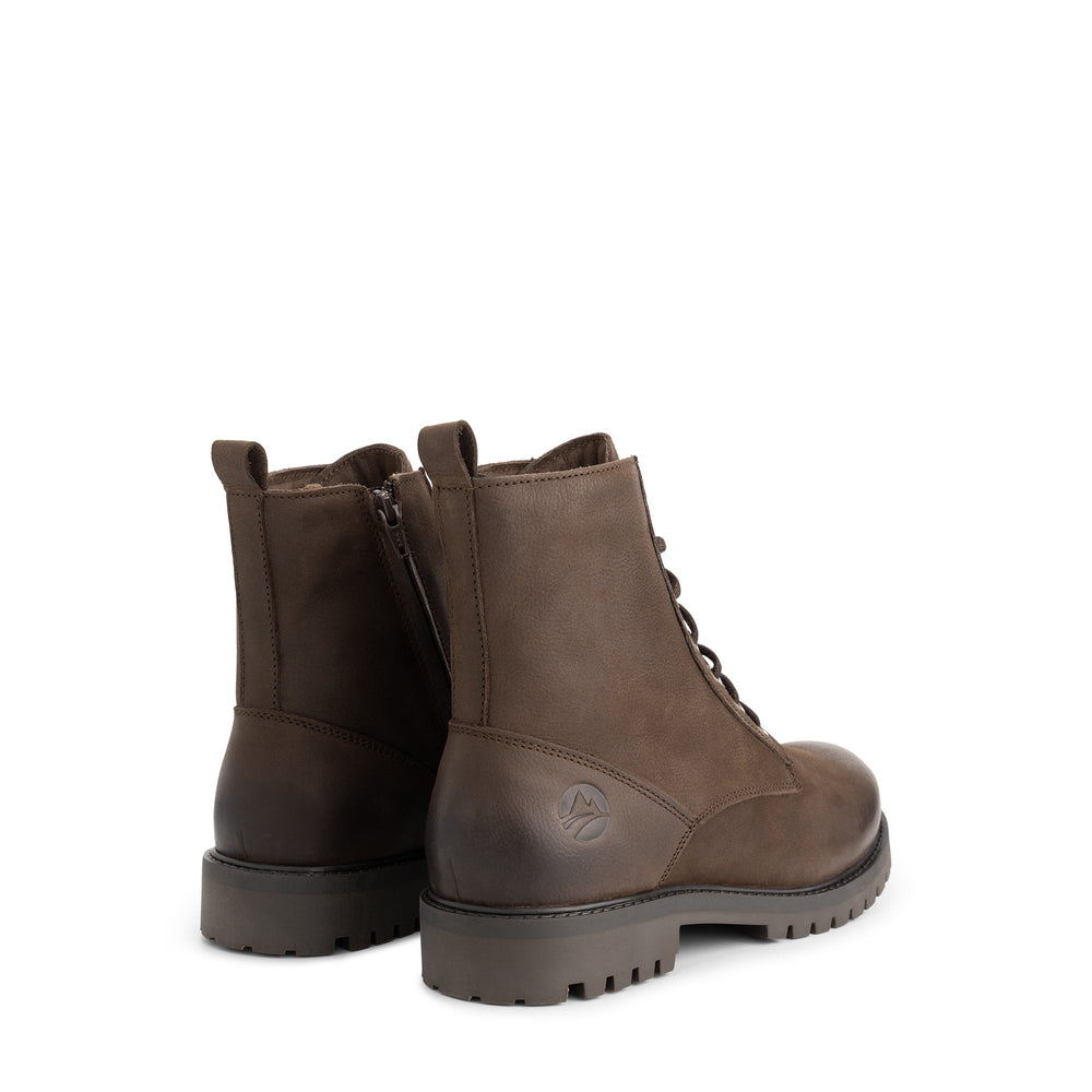 Brown lace-up ankle boots with side zippers and lugged soles