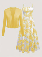 Women's floral midi dress with sweetheart neckline and matching long-sleeve cardigan