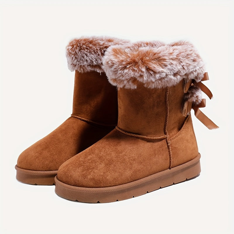 Women's ankle winter boots with faux fur cuffs and side bows