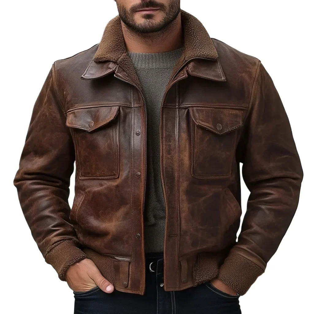 Men's aviator jacket with zip front, spread collar and ribbed cuffs