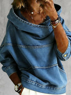 Women's blue hooded sweatshirt with long sleeves, panel seams and front kangaroo pocket