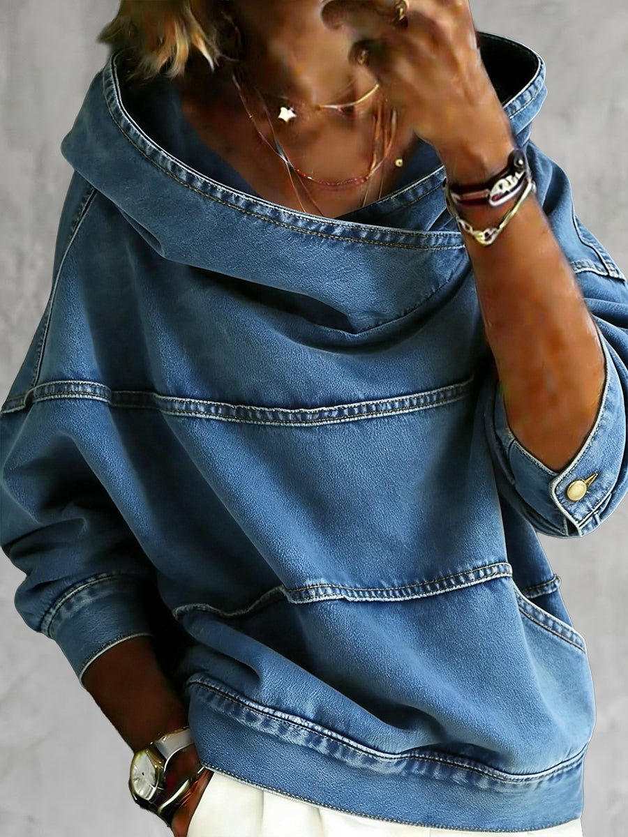 Women's blue hooded sweatshirt with long sleeves, panel seams and front kangaroo pocket