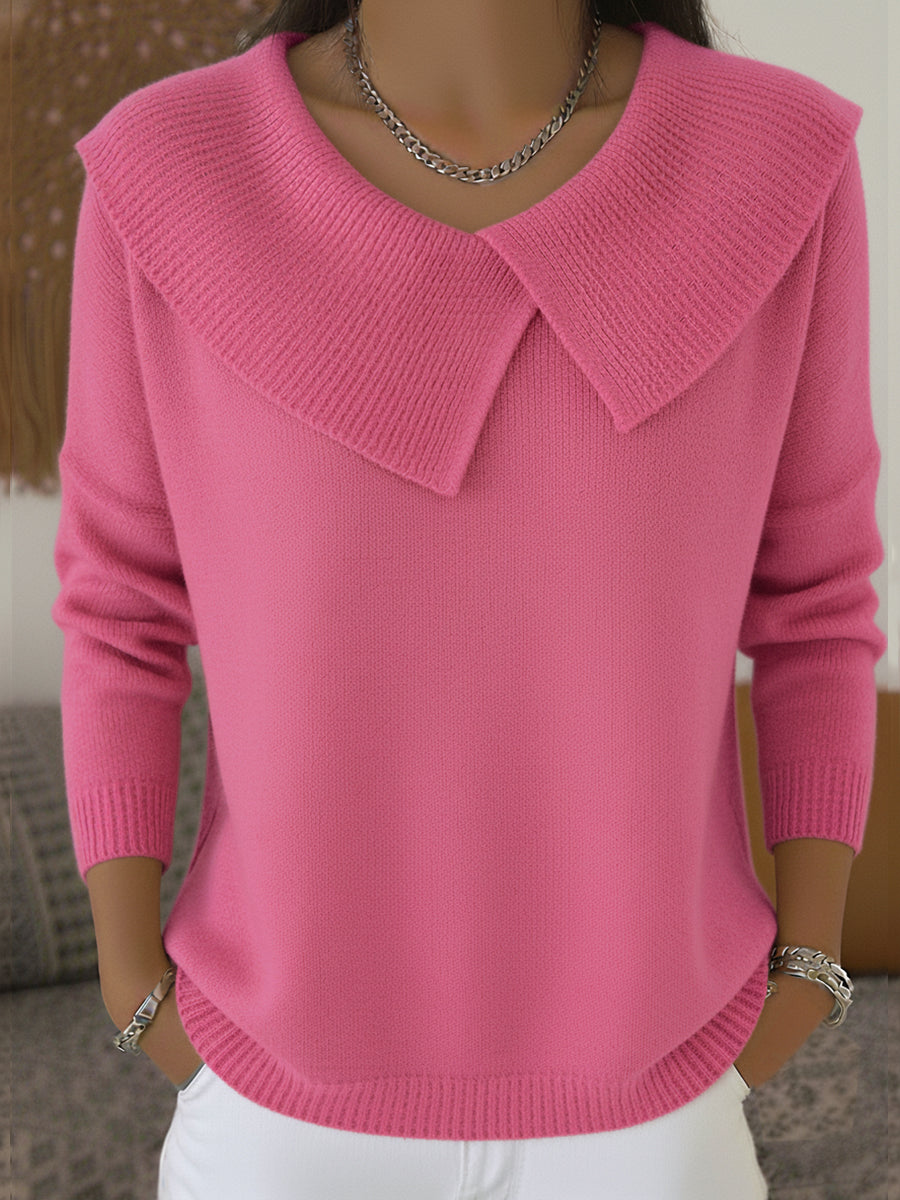 Women's knit sweater with oversized ribbed collar and long sleeves
