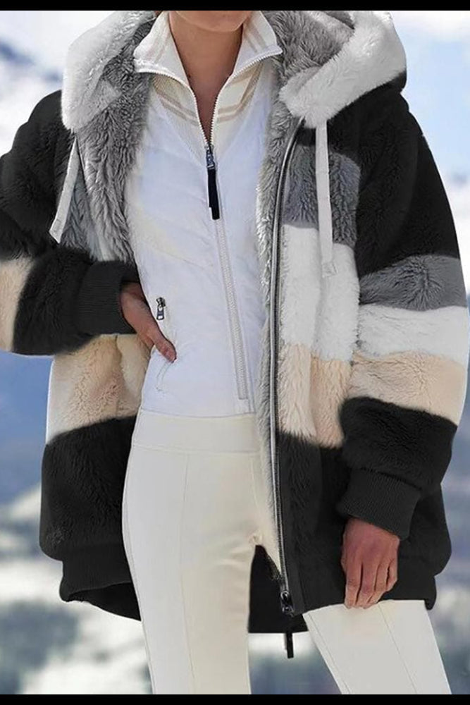 Women's striped hooded zip hoodie with plush textured finish and front pockets