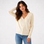 Women's long-sleeve V-neck button-front cardigan with ribbed trims