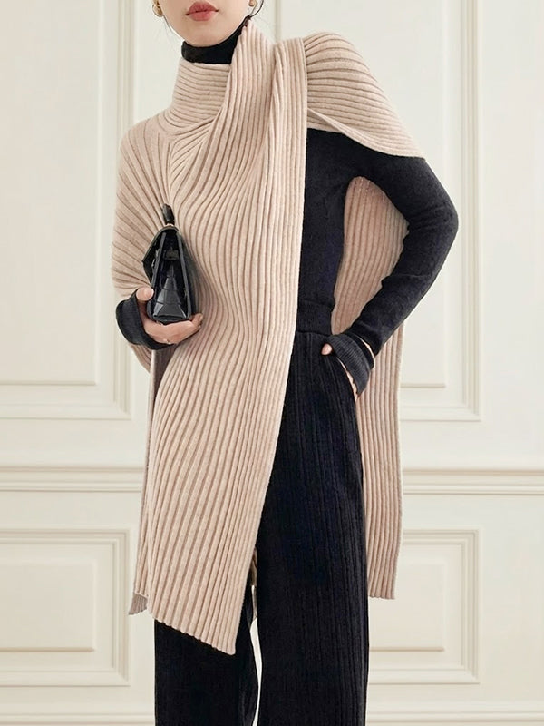 Women's ribbed high neck sweater with an asymmetric split front