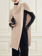 Women's ribbed high neck sweater with an asymmetric split front
