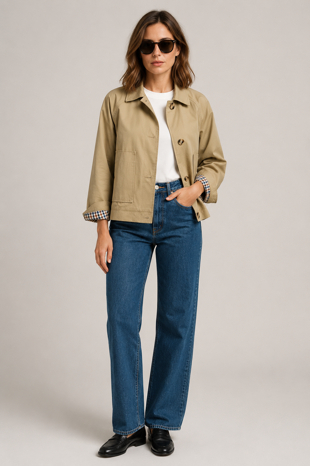 Women's beige short trench jacket with button front and checked turn-back cuffs