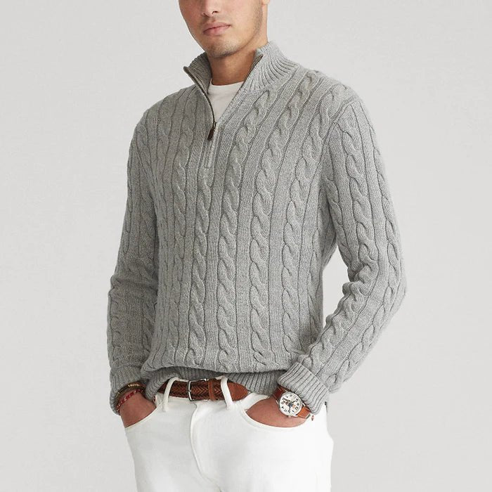 Men's cable knit jumper with mock neck and quarter zip