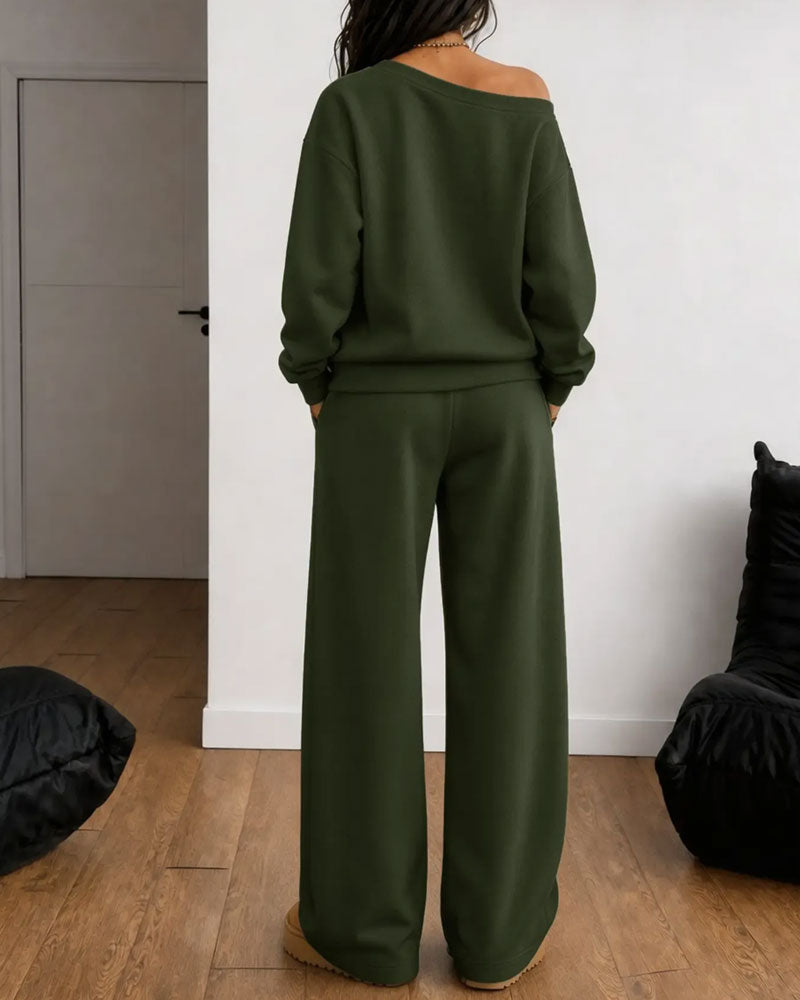 Women's one-shoulder sweatshirt and wide-leg trouser set
