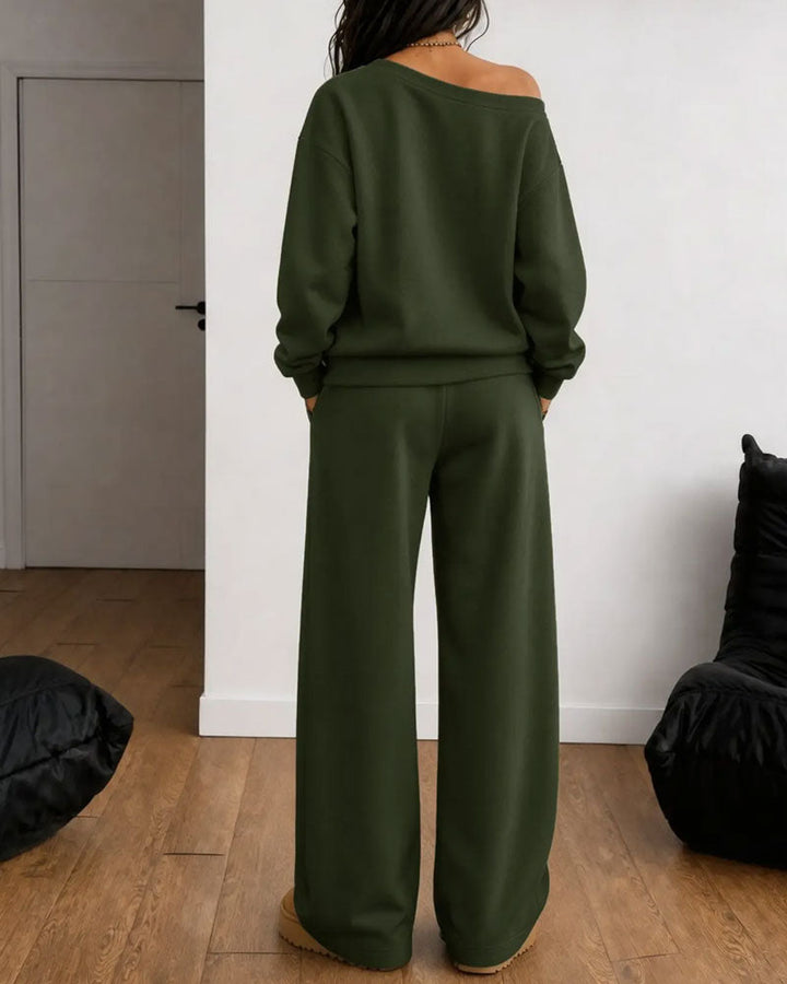 Women's one-shoulder sweatshirt and wide-leg trouser set