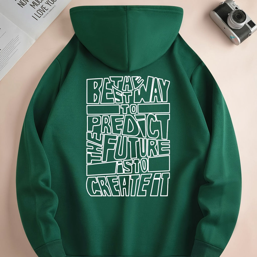 Men's hooded sweatshirt with large outlined text print on the back