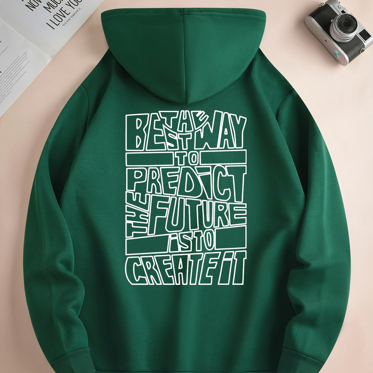 Men's hooded sweatshirt with large outlined text print on the back