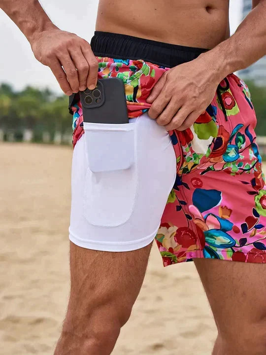 Men's slim fit swim shorts with printed pattern and interior lining, drawstring waist