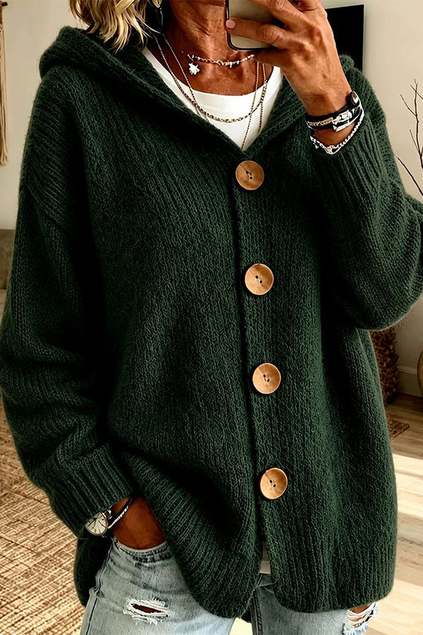 Women's long-sleeve hooded knit cardigan with four-button front