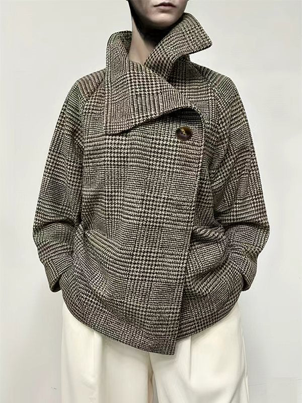 Men's brown houndstooth jacket with stand collar and asymmetric button front