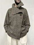 Men's brown houndstooth jacket with stand collar and asymmetric button front