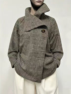 Men's brown houndstooth jacket with stand collar and asymmetric button front