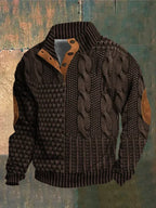 Men's patterned cable knit sweater with button collar