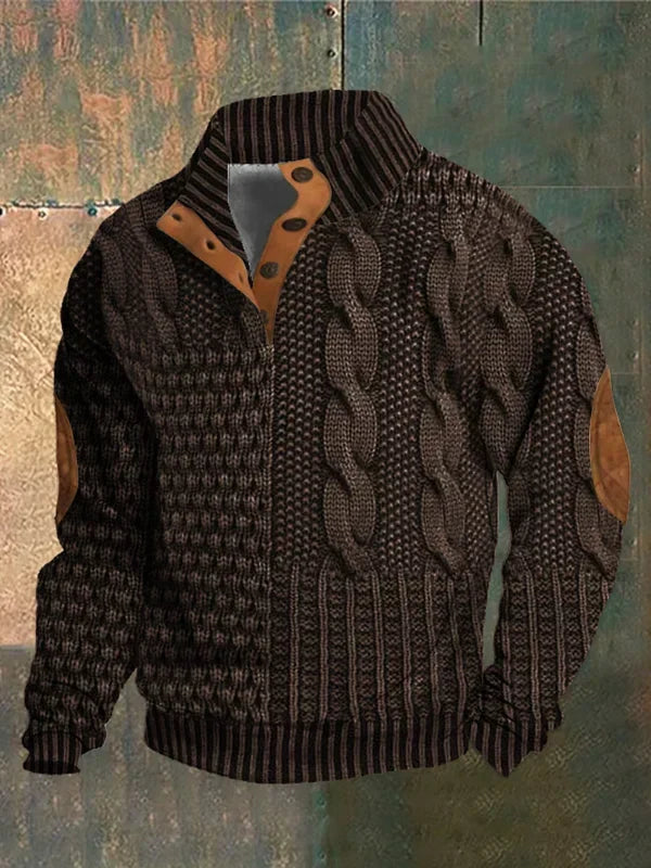 Men's patterned cable knit sweater with button collar