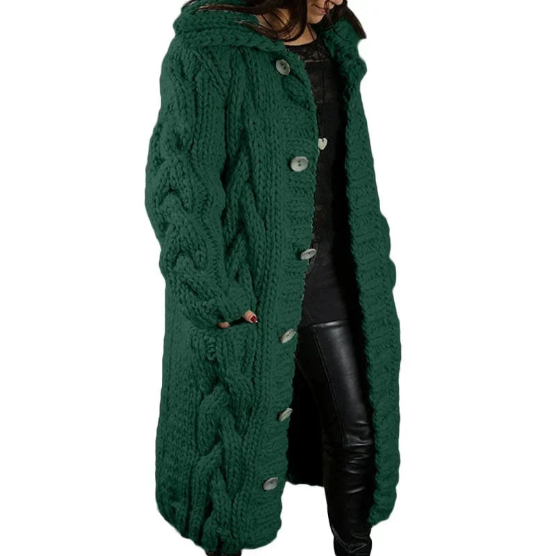 Women's longline hooded cable knit cardigan with button front