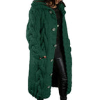 Women's longline hooded cable knit cardigan with button front