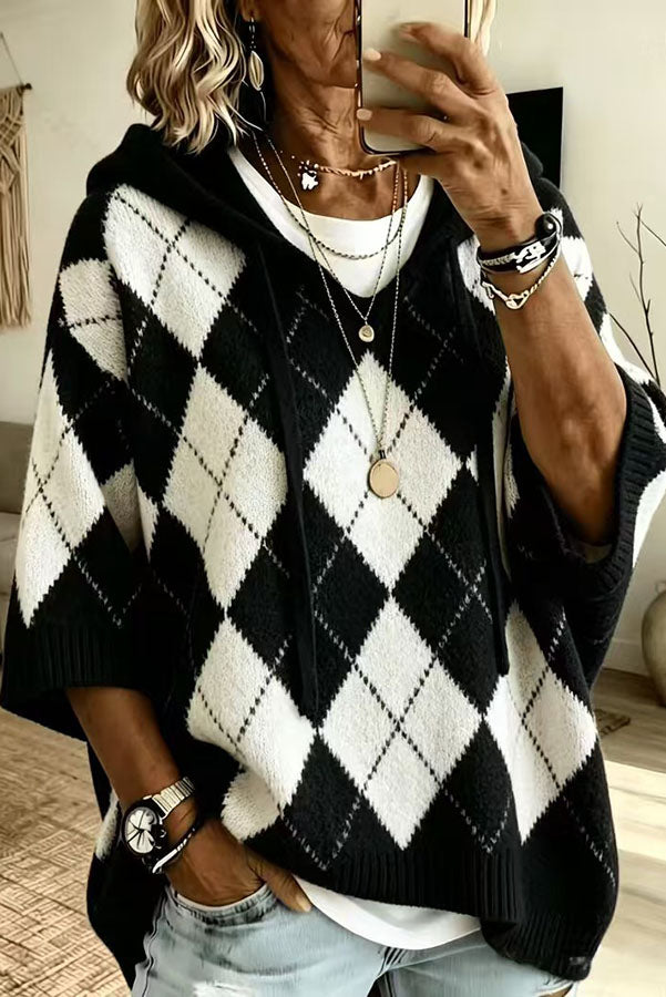 Women's argyle hooded knit sweater with 3/4 sleeves