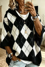 Women's argyle hooded knit sweater with 3/4 sleeves