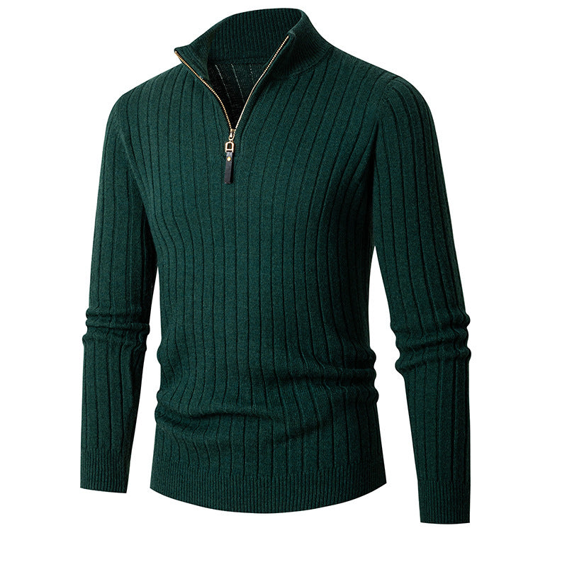 Men's ribbed quarter-zip sweater with stand collar and long sleeves